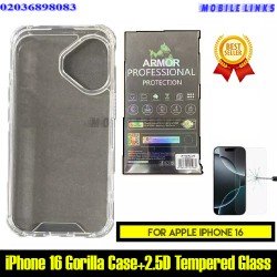 Anti Shock Gorilla Protective Case for iPhone 16 + 2.5D Tempered Glass